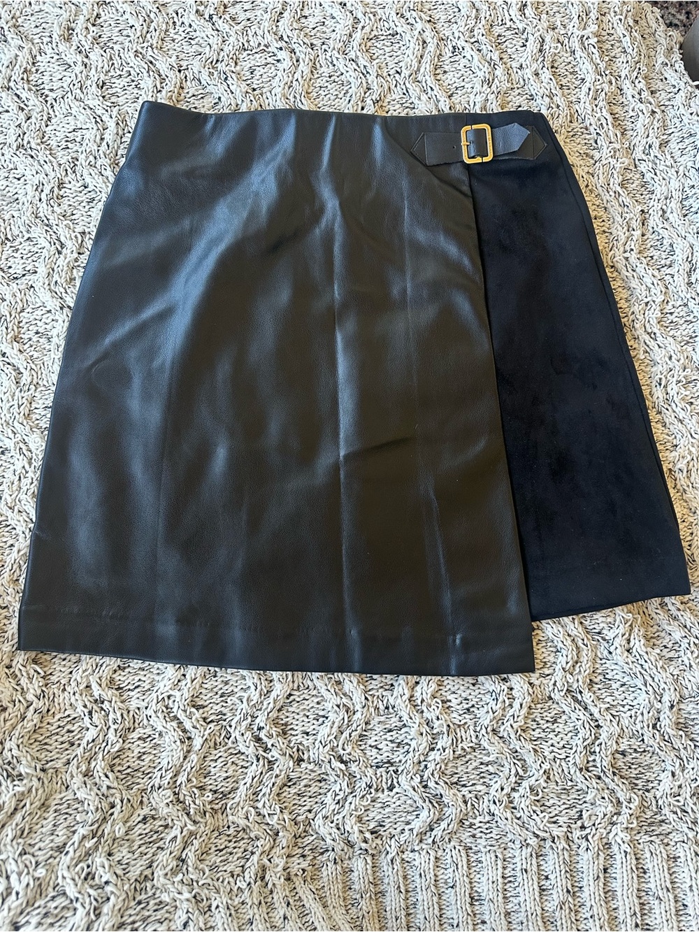 Marc New York Black Faux Leather & Suede Wrap Mini Skirt with Gold Buckle